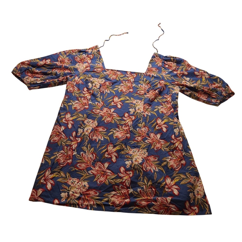 A New Day Women's 2X Blue Tropical Floral Linen Blend Puff Sleeve Mini Dress NWT